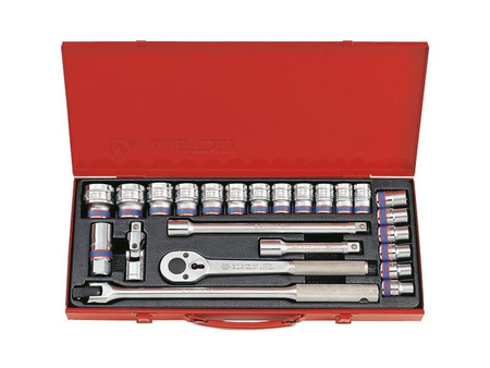ZESTAW NASADEK  1/2''   24cz.  KRÓTKIE  6-kąt.  10 - 32mm  Z  AKCESORIAMI, CHROM, KASETA