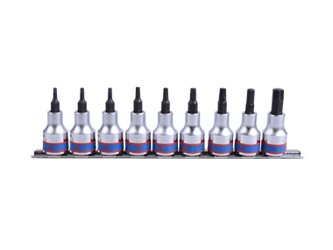ZESTAW NASADEK Z KOŃCÓWKĄ TORX 1/2'' 9 cz. KRÓTKIE T20 - T60 CHROM, ZESTAW NA SZYNIE