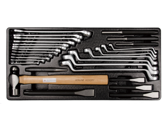 KPL. 21cz. - KLUCZE PŁASKO-OCZKOWE 12cz. CALOWE 1/4-1'' KLUCZE OCZKOWE ODGIĘTE 75* 7cz. CALOWE 1/4-1.1/8", WKŁAD DO WÓZKA