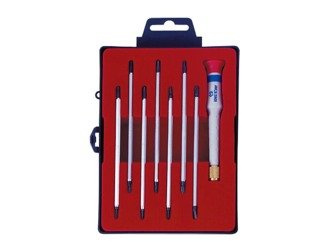 ZESTAW WKRĘTAKÓW  PRECYZYJNYCH  7cz. UCHWYT  91230 + 7 KOŃCÓWEK DWUSTRONNYCH  KRZYŻAK, PŁASKIE,TORX, PUDEŁKO PLAST.