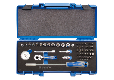 ZESTAW NASADEK 1/4"  53cz. KRÓTKIE,  6-kąt.  4 - 14mm, HEX, TORX, PH, PZ, PŁASKIE, Z AKCESORIAMI, CHROM, KASETA Z TWORZYWA