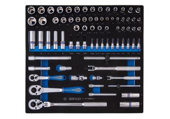KPL. NASADEK 1/4" + 3/8" 75cz. KRÓTKIE/DŁUGIE, 6-kąt. 3.2 - 22mm Z AKCESORIAMI, CHROM, WKŁAD Z PIANKI DO WÓZKA