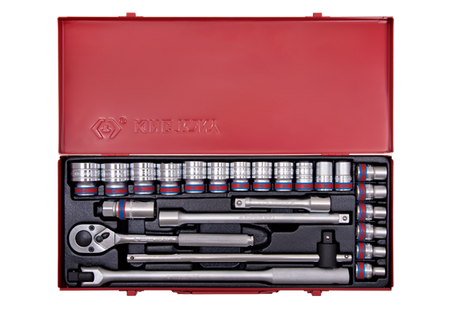 ZESTAW NASADEK  1/2''   24cz.  KRÓTKIE  12-kąt.  CALOWE  5/16'' - 1.1/4''  Z  AKCESORIAMI, CHROM, KASETA