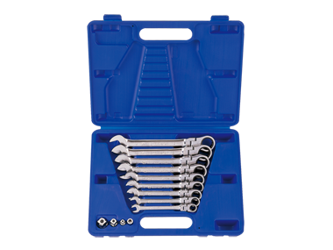 ZESTAW KLUCZY PŁASKO-OCZKOWYCH PRZEGUBOWYCH Z GRZECHOTKĄ JEDNOKIERUNKOWĄ 13cz.  8 - 19mm, Z AKCESORIAMI, W WALIZCE PLAST.