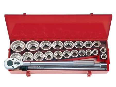 ZESTAW NASADEK 3/4'' 24cz.KRÓTKIE 12-kąt. 22 -50mm, CALOWE 1''-2'' Z AKCESORIAMI,CHROM,KASETA
