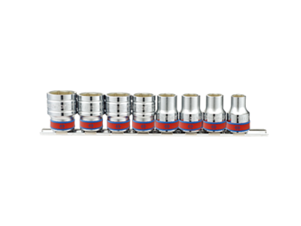 ZESTAW NASADEK  1/2''   8cz.  KRÓTKIE  6-kąt.  CALOWE  3/8'' - 7/8'',  CHROM,  SZYNA, BLISTER