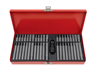 ZESTAW BITÓW 10mm 43cz. Z UCHWYTEM UDAROWYM 414710M, HEX 4 - 12mm, TORX T20 - T60, SPLINE 5 - 12mm, KASETA