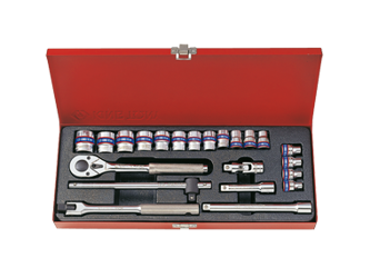 ZESTAW NASADEK 3/8''  23cz.  KRÓTKIE  12-kąt.  6 - 22mm  Z  AKCESORIAMI, CHROM, KASETA