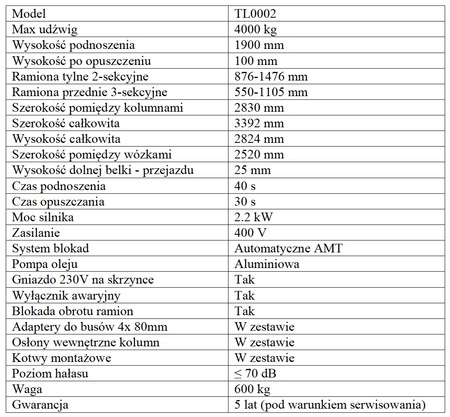 Podnośnik dwukolumnowy automat AMT 4T TL0002-400V