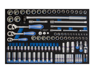 ZESTAW NASADEK 1/4"+3/8"+1/2" 103cz. 6-kąt./12-kąt 4 - 32mm Z AKCESORIAMI, CHROM, WKŁAD Z PIANKI, DO WÓZKA