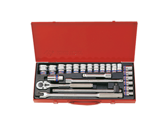 ZESTAW NASADEK  1/2''   24cz.  KRÓTKIE  6-kąt.  10 - 32mm  Z  AKCESORIAMI, CHROM, KASETA