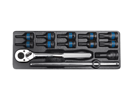ZESTAW NASADEK UDAROWYCH 1/2"  13cz.  KRÓTKIE TORX T20-T70  Z  AKCESORIAMI, CHROM, WKŁAD DO WÓZKA