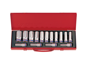 ZESTAW NASADEK  1/2''  15cz.  DŁUGIE  12-kąt. CHROM,  KASETA