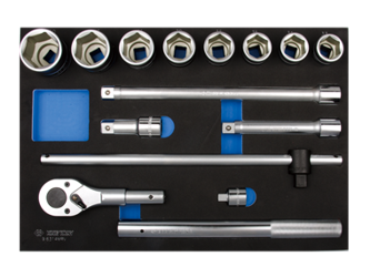 KPL. 14 CZ. NASADKI 3/4" 6-KĄT. KRÓTKIE 33 - 50MM, Z AKCESORIAMI, WKŁAD Z PIANKI, DO WÓZKA