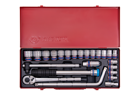 ZESTAW NASADEK  1/2''   24cz.  KRÓTKIE  12-kąt.  10 - 32mm  Z  AKCESORIAMI, CHROM, KASETA