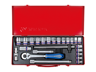 ZESTAW  NASADEK  1/2''   24cz.  KRÓTKIE  6-kąt.  10 - 32mm  Z  AKCESORIAMI, CHROM, KASETA