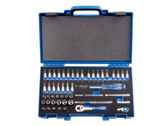 ZESTAW NASADEK 1/4" 50cz. KRÓTKIE, 6-kąt. 4 - 14mm, E4 - E8, HEX, TORX, PH, PŁASKIE, Z AKCESORIAMI, CHROM, KASETA Z TWORZYWA
