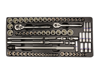 KPL. NASADEK 3/8" + 1/2" 78cz. KRÓTKIE/DŁUGIE 6/12-kąt. 8 - 32mm, CALOWE 3/8" - 1-1/4",  Z AKCESORIAMI, WKŁAD DO WÓZKA
