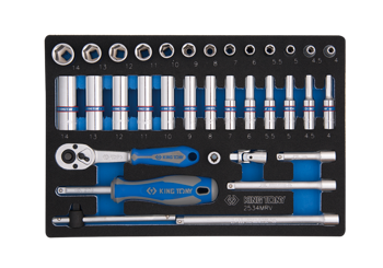 ZESTAW NASADEK 1/4" 34cz. KRÓTKIE / DŁUGIE, 6-kąt. 4 - 14mm Z AKCESORIAMI, CHROM, WKŁAD Z PIANKI, DO WÓZKA