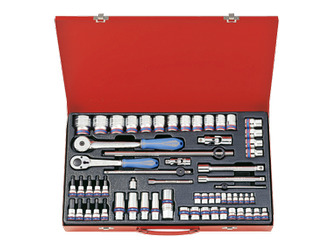 ZESTAW NASADEK 1/4'' + 3/8'' + 1/2''  62cz.  KRÓTKIE  6-kąt.  4 - 32mm  Z  AKCESORIAMI, CHROM, KASETA