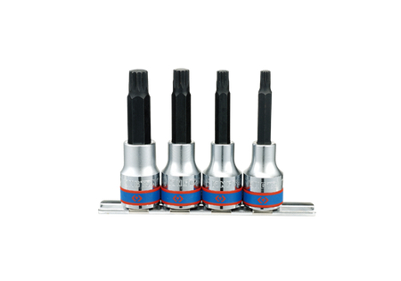ZESTAW NASADEK  Z KOŃCÓWKĄ SPLINE 1/2''   4cz.  DŁUGIE  M6 - M12,  CHROM,  SZYNA, BLISTER