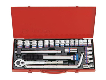 ZESTAW NASADEK  1/2''   24cz.  KRÓTKIE  12-kąt.  10 - 32mm  Z  AKCESORIAMI, CHROM, KASETA