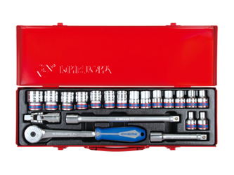 ZESTAW NASADEK  1/2''   20cz.  KRÓTKIE  6-kąt.  8 - 27mm  Z  AKCESORIAMI, CHROM, KASETA