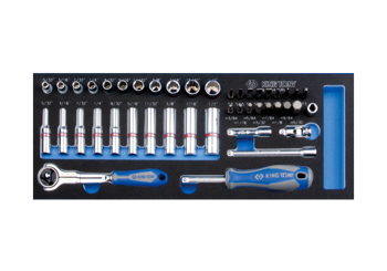 ZESTAW NASADEK 1/4" 44cz. KRÓTKIE / DŁUGIE, 12-kąt. 5/32" - 1/2" Z AKCESORIAMI, CHROM, WKŁAD Z PIANKI, DO WÓZKA