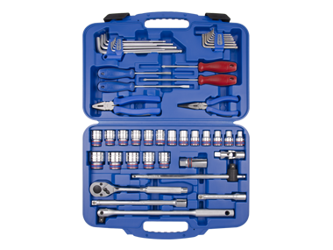 ZESTAW NASADEK 1/2" 47cz. 10-32mm 6-kąt. Z AKCESORIAMI, CHROM + NARZĘDZIA UNIWERSALNE, WALIZKA Z TWORZYWA