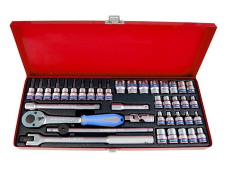 ZESTAW NASADEK 3/8''  39cz. KRÓTKIE  6-kąt.  6 - 19mm, E4 - E18, T8 - T45  Z  AKCESORIAMI, CHROM, KASETA