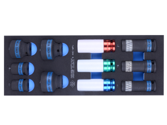 KPL. NASADEK UDAROWYCH 1/2''  11 cz. KRÓTKIE 17 - 36mm, DŁUGIE DO ALUFELG 17 - 21mm, WKŁAD Z PIANKI, DO WÓZKA