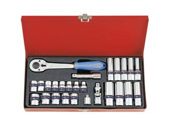 ZESTAW NASADEK 3/8'' 27cz. KRÓTKIE / DŁUGIE 6-kąt. 7 - 19mm Z AKCESORIAMI, CHROM, KASETA