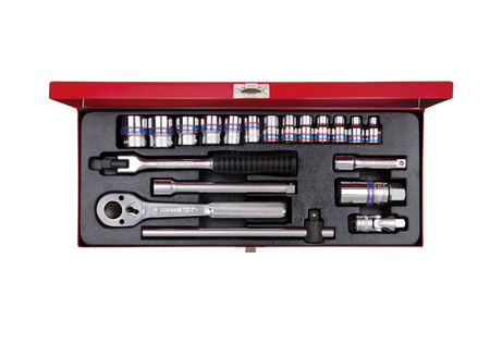 ZESTAW NASADEK 3/8''  20cz.  KRÓTKIE  6-kąt.  6 - 22mm  Z  AKCESORIAMI, CHROM, KASETA