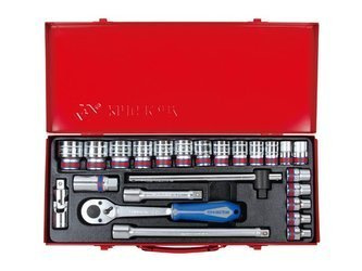 ZESTAW NASADEK  1/2''   24cz.  KRÓTKIE  12-kąt.  CALOWE  3/8'' - 1.1/4''  Z  AKCESORIAMI, CHROM, KASETA