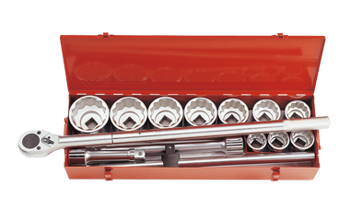 ZESTAW NASADEK 1'' 14cz.KRÓTKIE 12-kąt. 36 - 80mm Z AKCESORIAMI, CHROM, KASETA