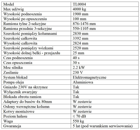 Podnośnik dwukolumnowy automatyczny 4T TL0004-230V