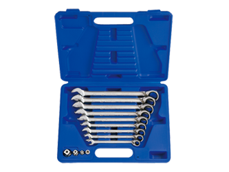 ZESTAW KLUCZY PŁASKO-OCZKOWYCH  Z GRZECHOTKĄ  DWUKIERUNKOWĄ 13cz.  8 - 19mm,  Z AKCESORIAMI, W WALIZCE PLAST.