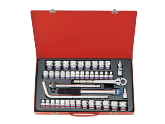 ZESTAW NASADEK  1/2''   43cz.  KRÓTKIE  12-kąt.   8 - 32mm,  CALOWE  3/8'' - 1.1/4''  Z  AKCESORIAMI, CHROM, KASETA