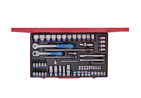 ZESTAW NASADEK 1/4'' + 3/8'' + 1/2''  62cz.  KRÓTKIE  6-kąt.  4 - 32mm  Z  AKCESORIAMI, CHROM, KASETA