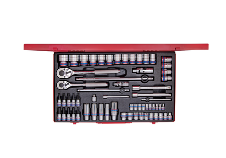 ZESTAW NASADEK 1/4'' + 3/8'' + 1/2''  62cz.  KRÓTKIE  12-kąt.  4 - 32mm  Z  AKCESORIAMI, CHROM, KASETA