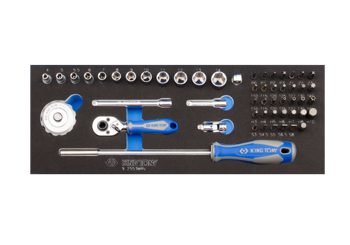 ZESTAW NASADEK 1/4" 53cz. KRÓTKIE, 6-kąt. 4 - 14mm Z AKCESORIAMI, CHROM, WKŁAD Z PIANKI, DO WÓZKA