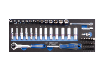 ZESTAW NASADEK 1/4" 48cz. KRÓTKIE / DŁUGIE, 12-kąt. 4 - 14mm Z AKCESORIAMI, CHROM, WKŁAD Z PIANKI, DO WÓZKA