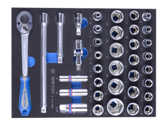 ZESTAW NASADEK 1/2'' 37cz. KRÓTKIE 6-kąt. 8 - 32mm Z AKCESORIAMI, CHROM, WKŁAD Z PIANKI, DO WÓZKA