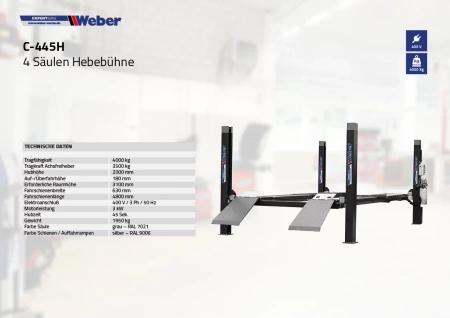 PODNOŚNIK czterokolumnowy elektrohydrauliczny 400V 4T WEBER Expert Series