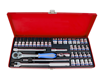 ZESTAW NASADEK 3/8'' 39cz. KRÓTKIE 6-kąt. 6 - 19mm, E4 - E18, T8 - T45 Z AKCESORIAMI, CHROM, KASETA
