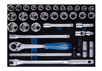 ZESTAW NASADEK 1/2" 33cz. KRÓTKIE 6-kąt. 8 - 32mm Z AKCESORIAMI, CHROM, WKŁAD Z PIANKI, DO WÓZKA