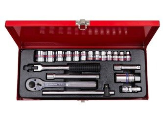 ZESTAW NASADEK 3/8''  20cz.  KRÓTKIE  12-kąt.  CALOWE  1/4 - 7/8''  Z  AKCESORIAMI, CHROM, KASETA