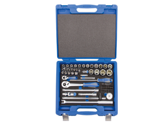 ZESTAW NASADEK 1/4"+1/2" 60cz. KRÓTKIE 6-kąt.4-32mm Z AKCESORIAMI, CHROM, KASETA Z TWORZYWA