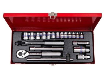 ZESTAW NASADEK 3/8''  20cz.  KRÓTKIE  6-kąt.  6 - 22mm  Z  AKCESORIAMI, CHROM, KASETA