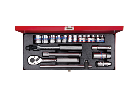 ZESTAW NASADEK 3/8''  20cz.  KRÓTKIE  12-kąt.  6 - 22mm  Z  AKCESORIAMI, CHROM, KASETA